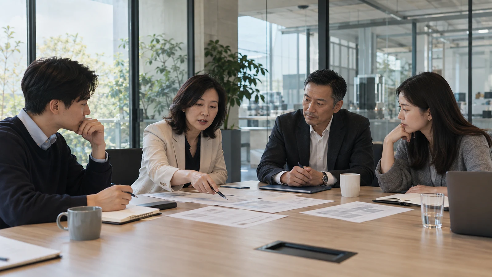 Recruteurs, dirigeants et consultant discutant d’un plan de recrutement, illustration générée par IA