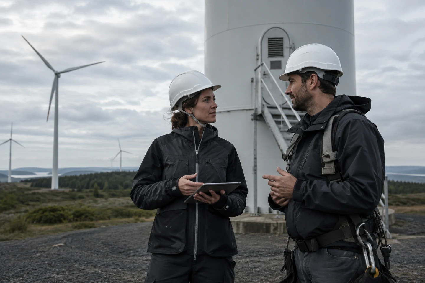 Ingénieurs éoliens échangeant sur un projet près d’une éolienne, illustration générée par IA