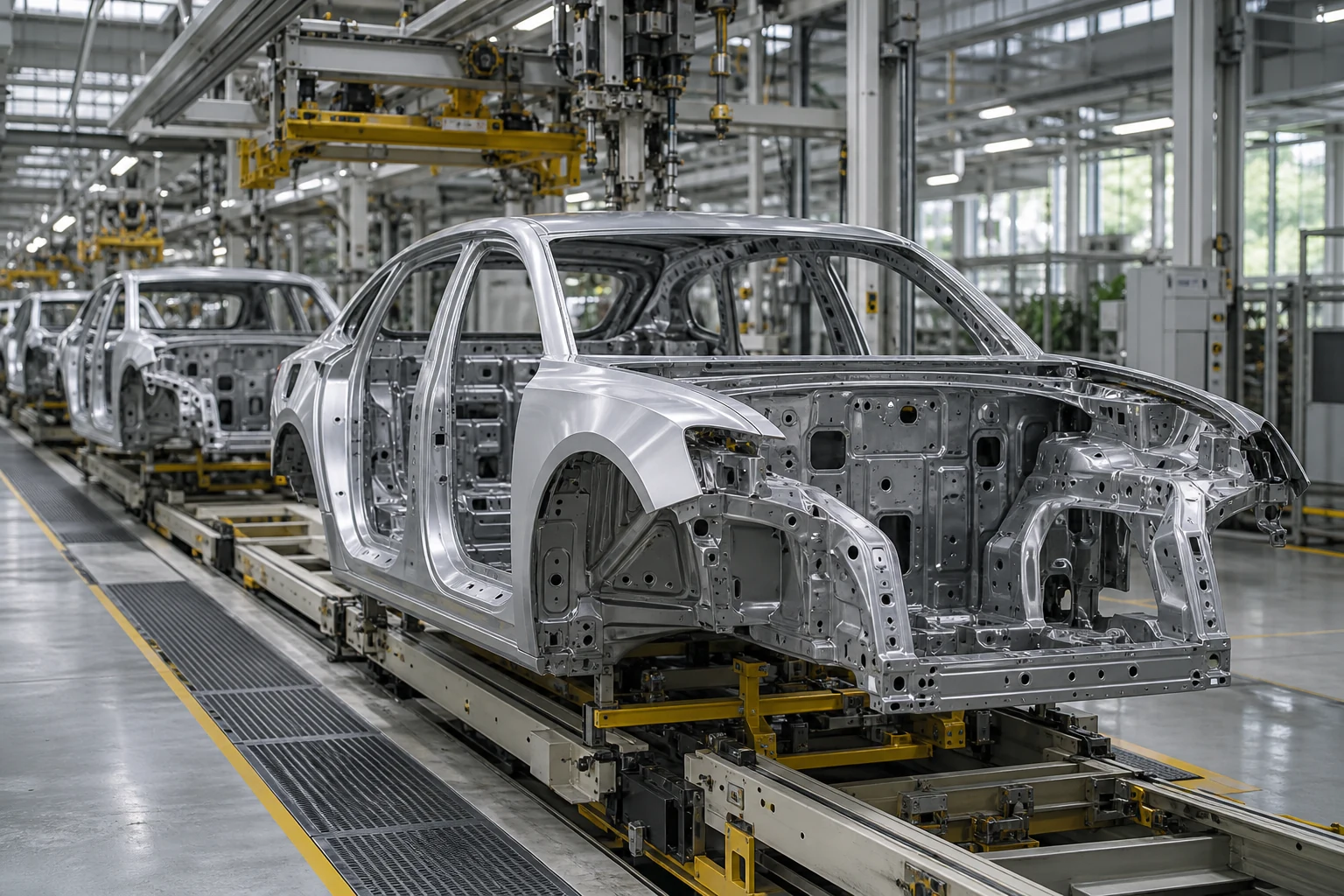 Ligne d’assemblage de carrosseries automobiles, illustration sectorielle générée par IA