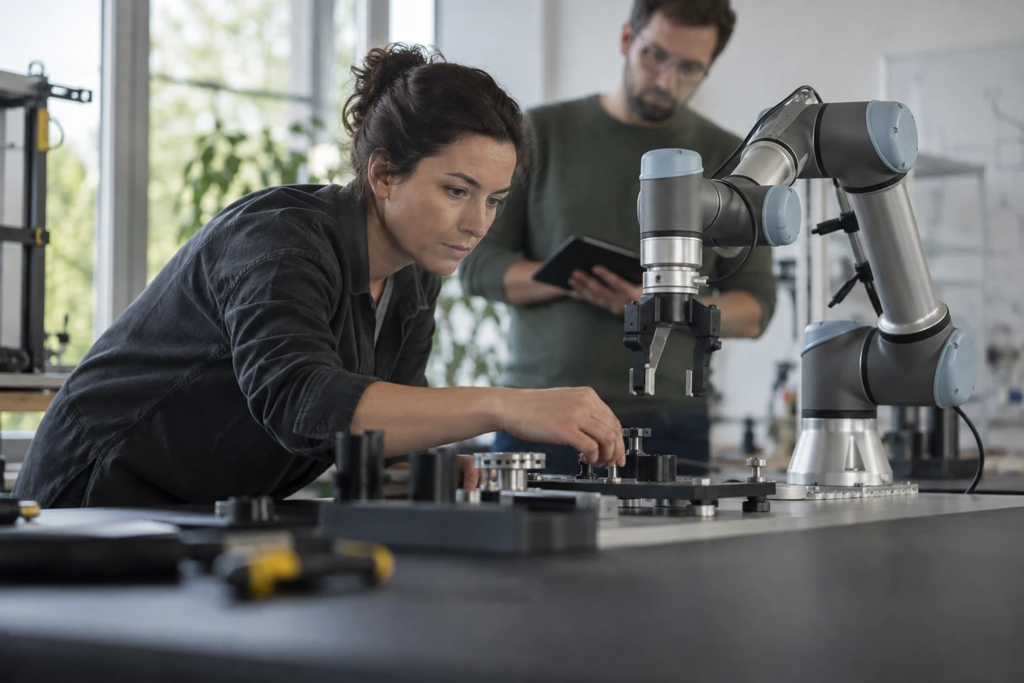 Ingénieurs robotique testant un bras collaboratif en laboratoire, illustration générée par IA