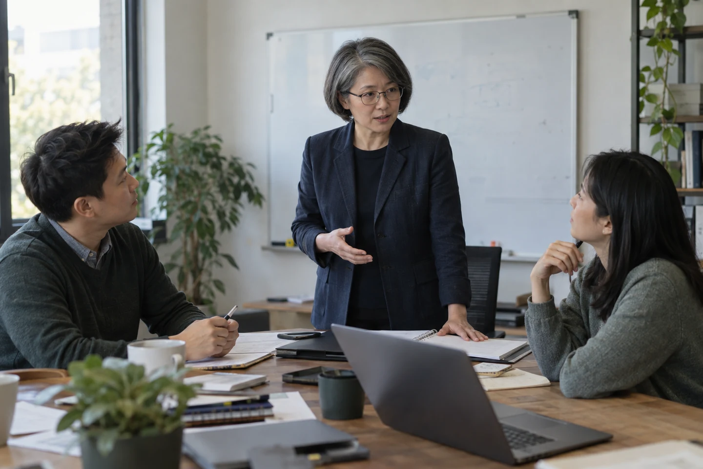 Dirigeant animant une discussion avec une petite équipe, illustration générée par IA