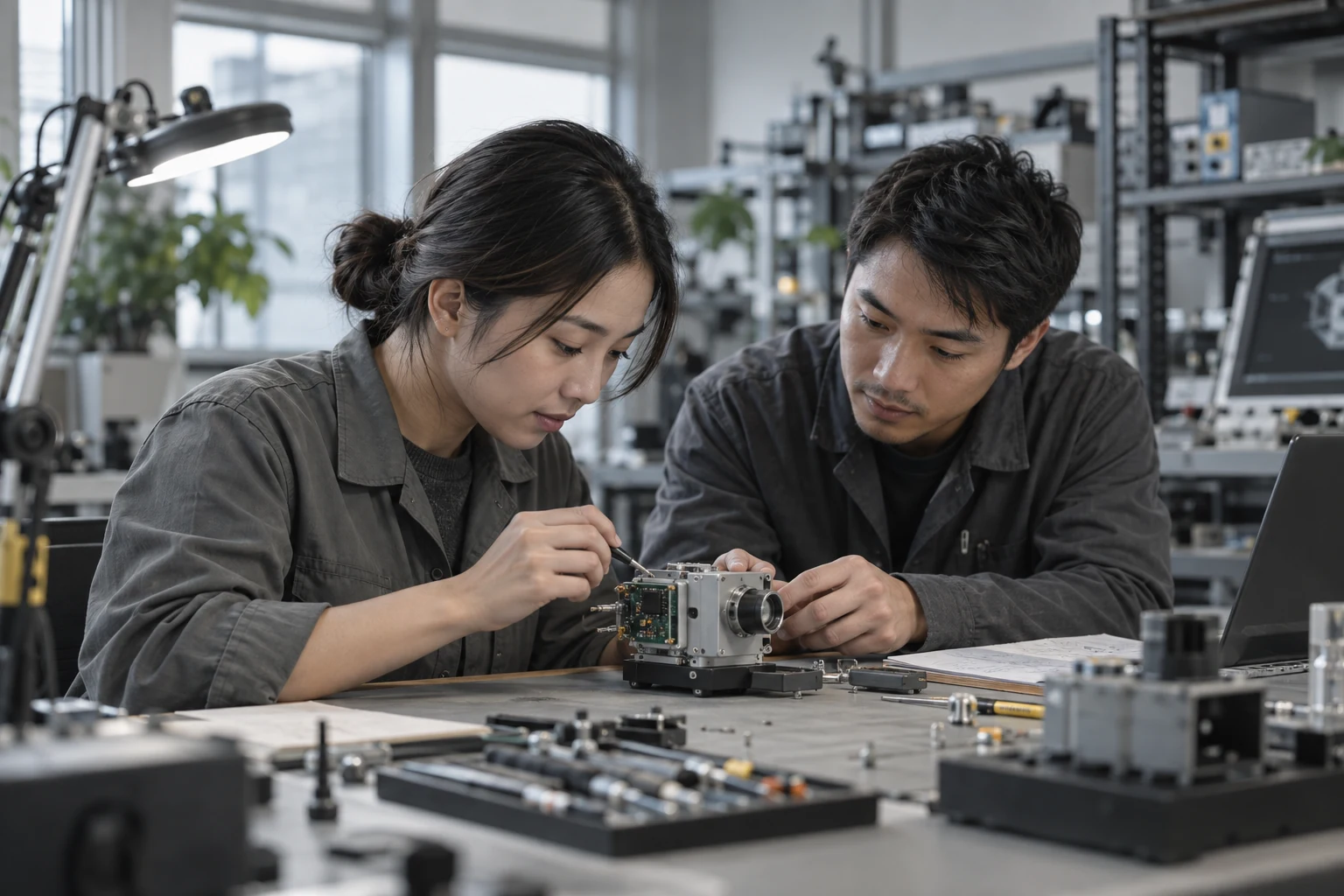 Deux professionnels techniques collaborant, illustration générée par IA