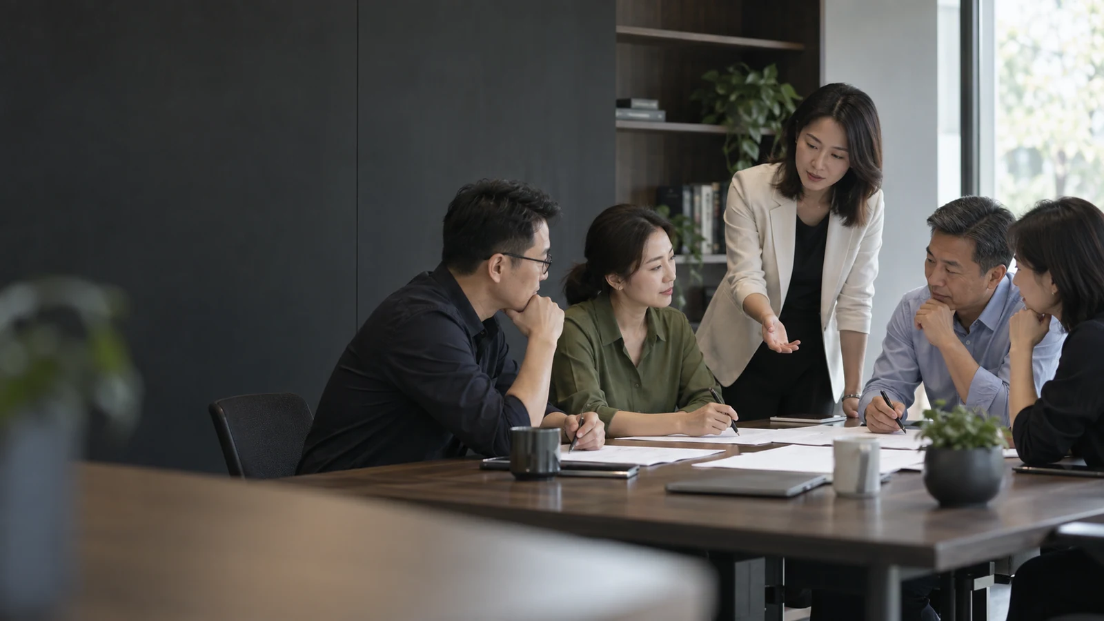 Formateur et collaborateurs en exercice de groupe sur un cas professionnel, illustration générée par IA