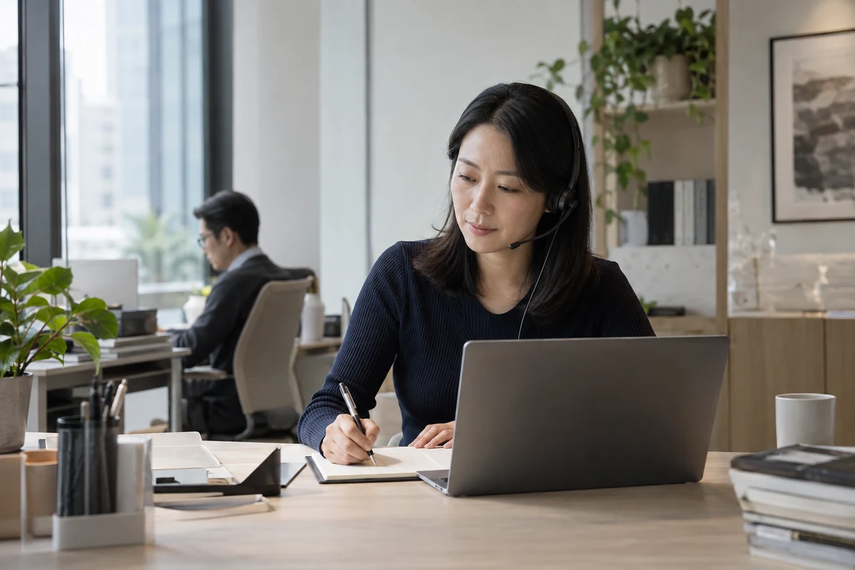 Consultant en recrutement échangeant avec un candidat et prenant des notes, illustration générée par IA