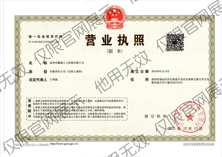 深圳市鹏城人力资源有限公司 Licence commerciale