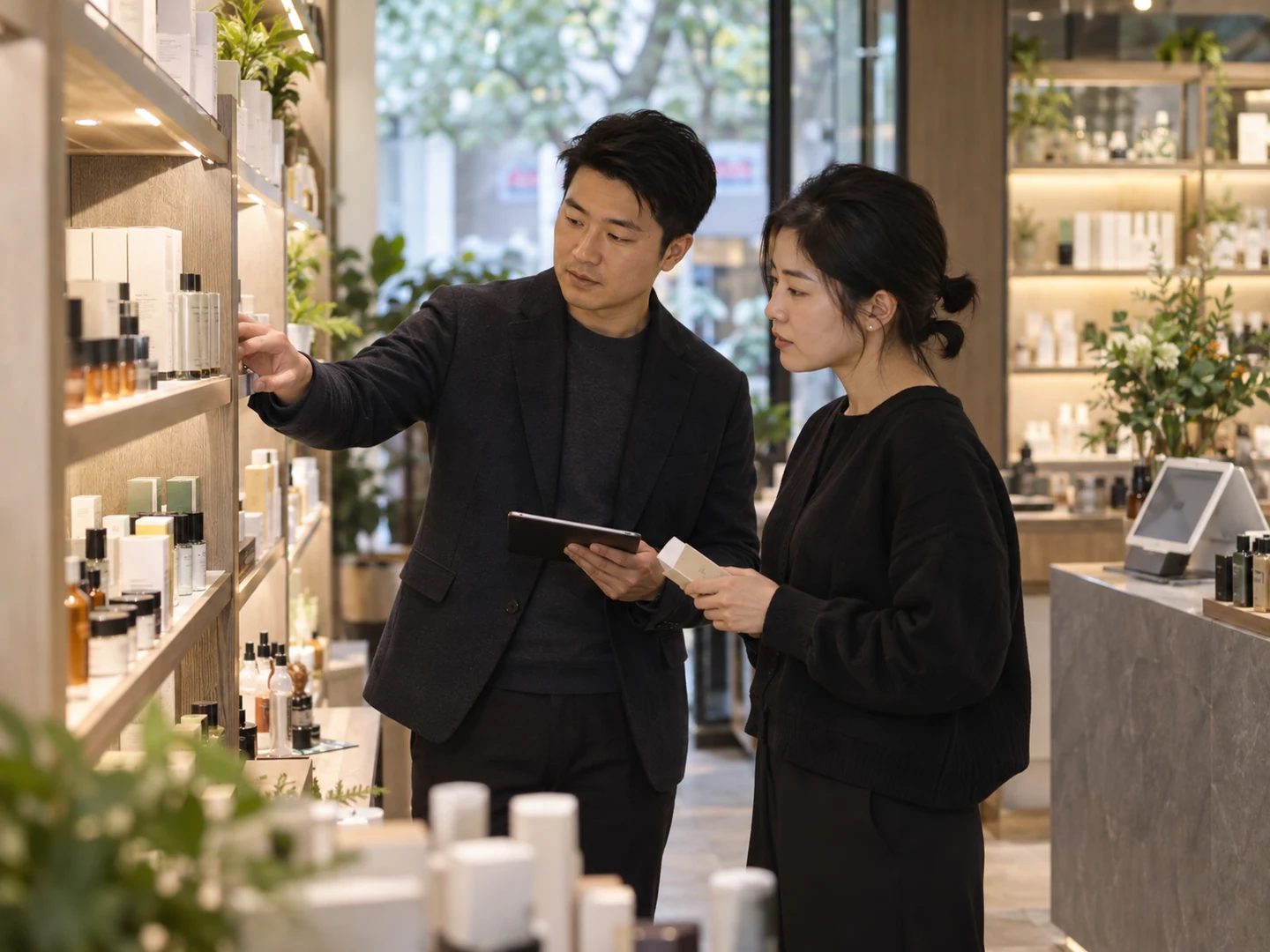 Responsables retail discutant de la présentation des produits en magasin, illustration générée par IA