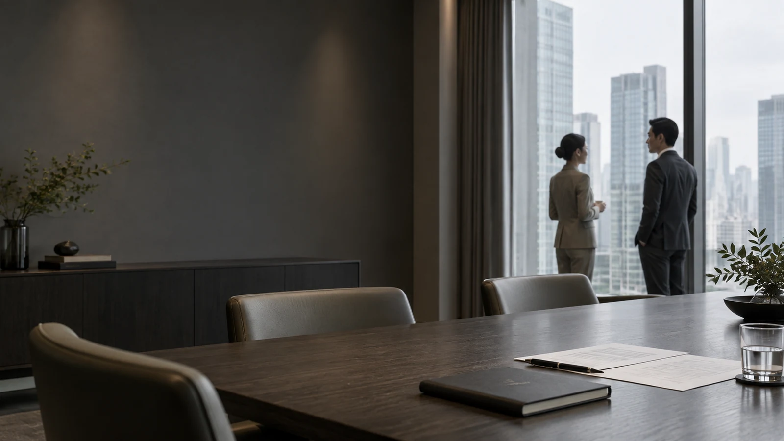 Espace de réunion et échange professionnel après une mission de conseil, illustration générée par IA