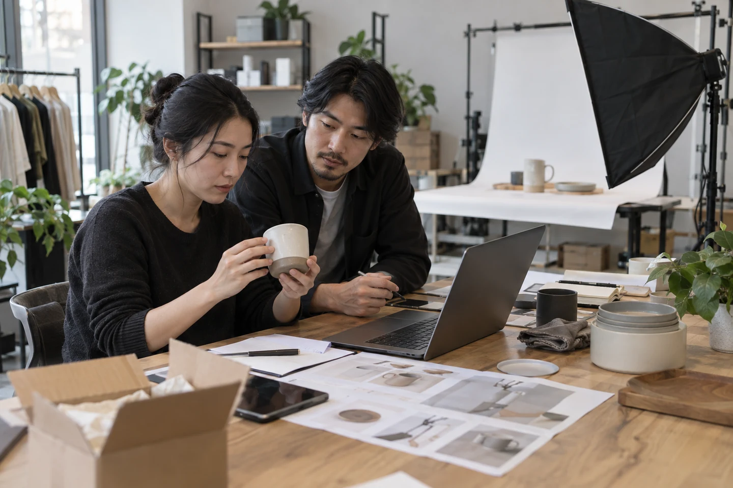 Équipe e-commerce préparant des contenus produits dans un studio photo, illustration générée par IA